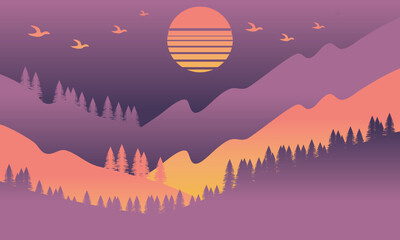 Sunset Serenity with Majestic Mountain View Vector Illustration