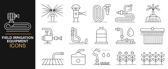 Outline farming equipment icons for watering and field management visuals.