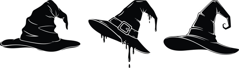 Three Black Witch Hats Halloween Costume Accessories.