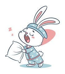 Bunny in Pajamas with Tiny Nightcap Holding Blanket Cartoon Sticker