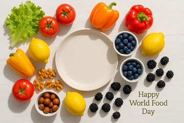 Colorful flat lay with fresh fruits, vegetables, nuts, and empty plate on white wooden table celebrating happy world food day