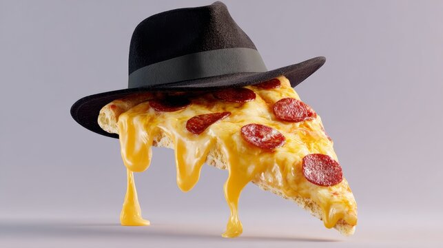 Pizza slice wearing a black fedora hat, featuring melted cheese and pepperoni toppings, presented in a whimsical style, showcasing a playful and humorous food concept with vibrant colors and textures