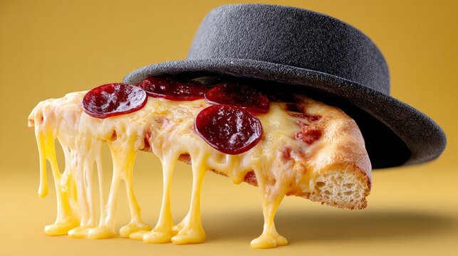 Slice of delicious pizza topped with pepperoni and gooey cheese, wearing a stylish gray hat, set against a vibrant yellow background, showcasing a fun and whimsical food concept