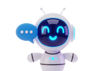 Cute friendly cartoon robot with a speech bubble indicating communication and conversation isolated on transparent background
