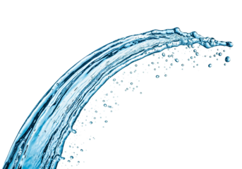 A dynamic stream of clear blue water splashing and flowing in an arc isolated on transparent background