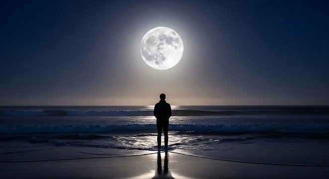 Man silhouetted with full moon, and ocean.
