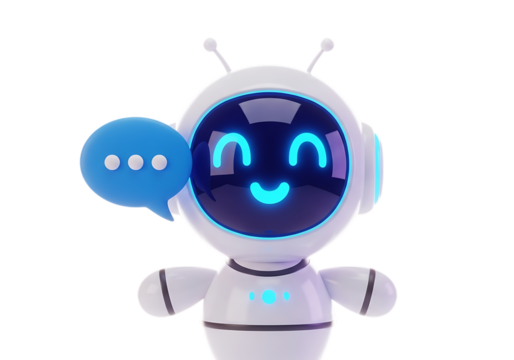 Cute friendly cartoon robot with a speech bubble indicating communication and conversation isolated on transparent background