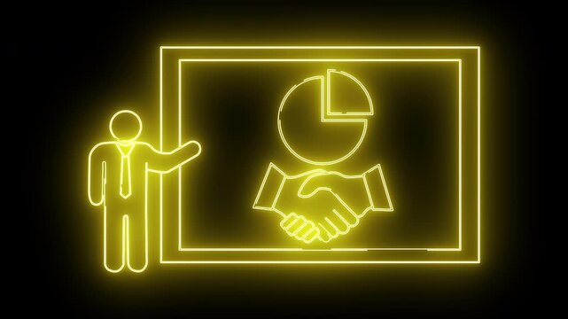 A neon yellow presentation screen displays a pie chart handshake and presenter