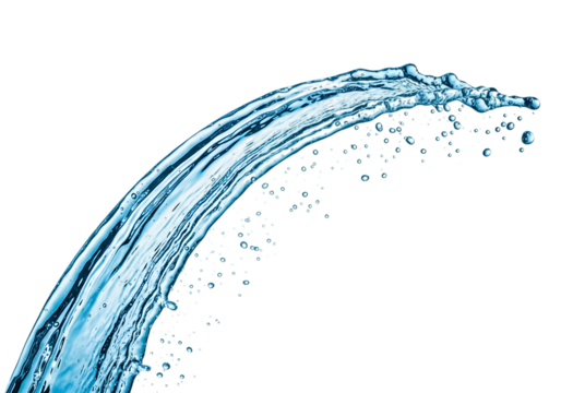A dynamic stream of clear blue water splashing and flowing in an arc isolated on transparent background