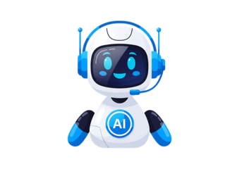 Cute friendly cartoon robot with headset and ai logo on its chest isolated on transparent background