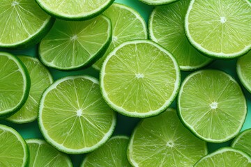 Fresh lime slices pile in close-up overhead view, macro shot with textured background and natural lighting, for healthy food and beverage design concepts.