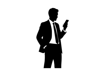 Obraz premium Professional businessman silhouette vector graphic looking at smartphone in a sharp suit isolated on white background