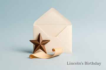 Elegant composition with paper envelope, bronze star, and golden ribbon on pastel blue background for lincoln’s birthday celebration
