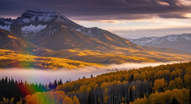 Golden aspen trees blanket a valley with mist below snowcapped mountains at sunrise - Powered by Adobe