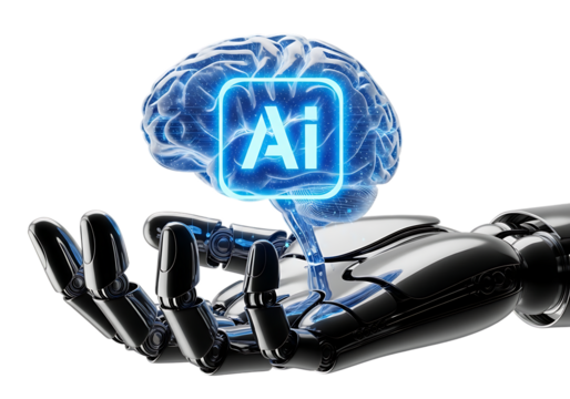 Futuristic robotic hand holding a glowing blue artificial intelligence brain with ai symbol isolated on transparent background - Powered by Adobe