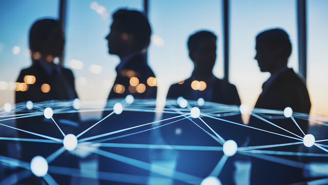 Diverse business team collaborating on global strategy with futuristic network visualization overlay representing connection and innovation