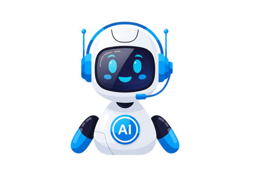 Cute friendly cartoon robot with headset and ai logo on its chest isolated on transparent background