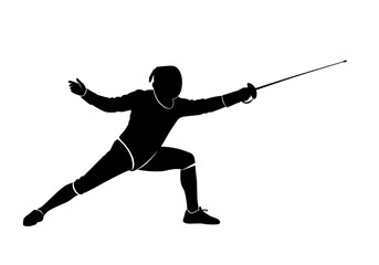 Professional fencer vector silhouette in an aggressive lunging attack pose with a foil weapon on a clean white background