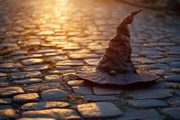 Aged Witch's Hat at Sunset on Cobblestone Pavement.