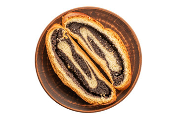 Poppy seed cake isolated on white background, macro, top view.
