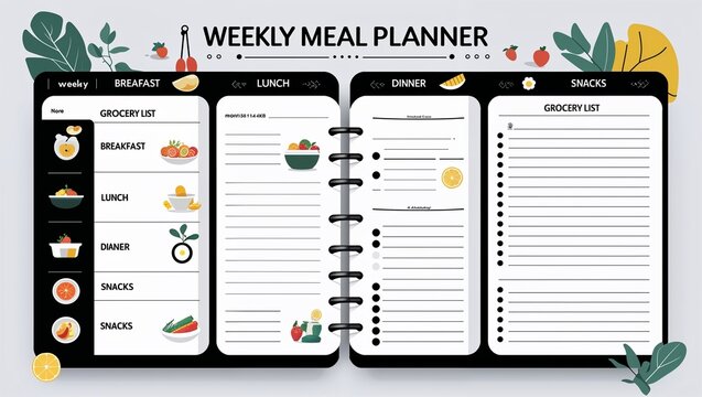 Colorful weekly meal planner with grocery list and food icons
