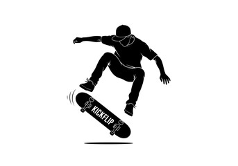 Fototapeta premium Skateboarder silhouette vector performing a dynamic kickflip trick with skateboard isolated on a clean white background
