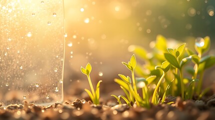 Close up of young plants growing in the soil with water droplets and sun shining through the leaves