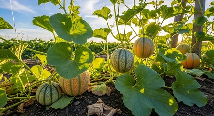 Ripe cantaloupes growing on vine.