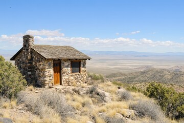 small stone and wood cabin on a hilltop overlooking a vast desert landscape.