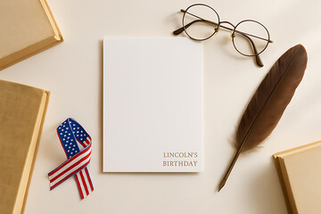 Historical composition with quill pen, american flag ribbon, blank card, and vintage books for lincoln’s birthday remembrance