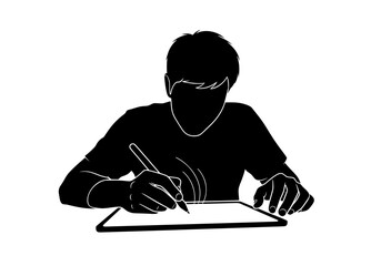 Vector silhouette illustration of a young person drawing or designing creatively on a digital tablet with a stylus