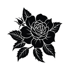 Elegant black and white silhouette of a blooming rose with leaves and buds