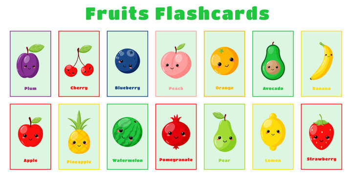 Full pack of kids flashcards with cute fruits in kawaii style with inscriptions.Colorful flat style.Learning fruits for preschool.Learn food vocabulary for children. Vector illustration
