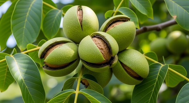 Green Walnuts on Branch with Orchard.