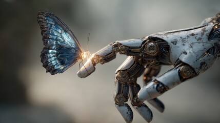 A close-up of a humanoid robot’s finger gently touched by a beautiful butterfly, symbolizing harmony between technology and nature, highly detailed, realistic textures, soft natural lighting
