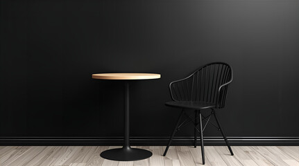 Monza Resto Table with black chair in front of black clean wall with wooden floor