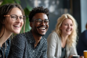 Happy Friends Enjoying Coffee and Laughter in a Cafe Setting