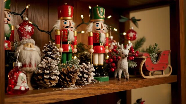 Festive Christmas Shelf Display with Red Green Nutcrackers and Ornament Decorations in Cozy Warm Light