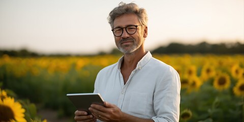 Fototapeta premium Mature caucasian male with tablet in sunflower field at sunset