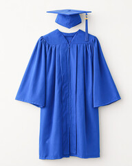 A blue graduation gown and cap displayed against a neutral background, symbolizing achievement and academic success.