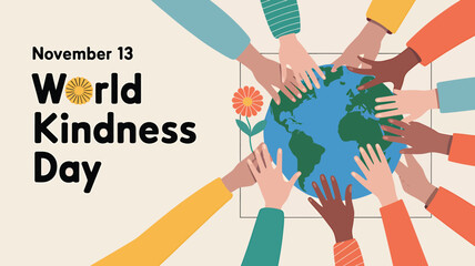 Vector art of diverse hands reaching towards planet earth, celebrating world kindness day on november 13th with a message of global unity and compassion