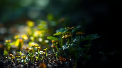 A cluster of small yellow flowers emerging from the dark earth in a garden, illuminated by sunlight