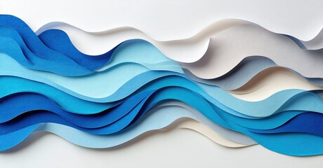 Fototapeta premium Abstract paper waves create ocean scene. Blues, whites blend, forming rhythmic curves. Minimalist design evokes water movement.