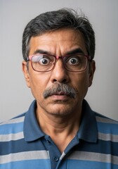 Closeup portrait of an indian man with a mustache, wearing glasses and a striped polo shirt, with a shocked and surprised expression, wide eyes, and raised eyebrows