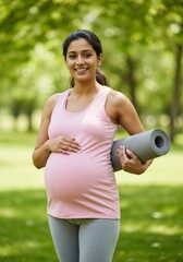 A smiling pregnant woman in her third trimester, wearing a pink tank top and grey leggings, holds a rolledup yoga mat while standing in a lush green park, embodying health and wellness during pregnanc