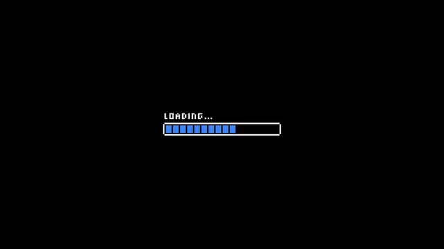 Pixel art loading bar animation 8-bit with blue bar. HD 4K animation of loading with pixel art style.