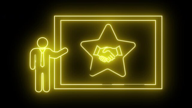 Glowing neon yellow presentation board displaying a star enclosing a handshake beside a stick figure presenting it