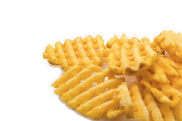 Crispy potato grids on white background, crunchy waffle fries snack concept for fast food and tasty cuisine themes