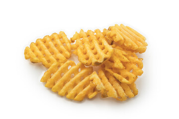Crispy potato grids on white background, crunchy waffle fries snack concept for fast food and tasty cuisine themes