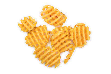 Crispy potato grids on white background, crunchy waffle fries snack concept for fast food and tasty cuisine themes